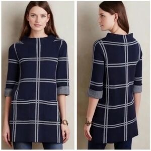 Moth by Anthropologie Plaid Mock Neck 3/4 Sleeve Knit Wool Dress Navy‎ Silver S